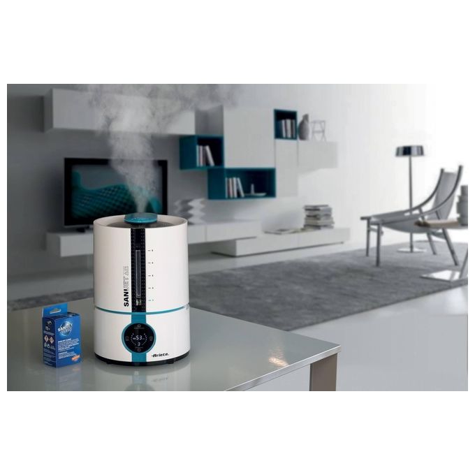 Ariete 2836 Sani-Jet Air Umidificatore a ultrasuoni capacita' 5 L per ambienti fino a 90 m² autonomia 15 ore funzione igienizzante ionizzatore display LED touch Bianco-Azzurro