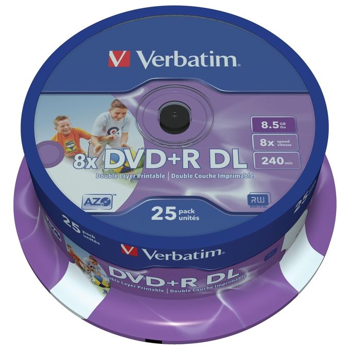 Verbatim DVD R Double Layer Inkjet Printable 8x Capacita': 8.5GB Velocita': 8x Confezione: 25 Pack Spindle-Campana