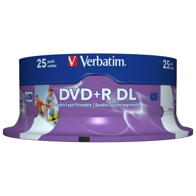 Verbatim DVD R Double Layer Inkjet Printable 8x Capacita': 8.5GB Velocita': 8x Confezione: 25 Pack Spindle-Campana
