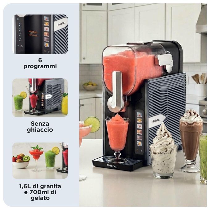 Ariete 655 MySlush and IceCream Gelatiera Compressore Serbatoio 2,6 L 6 Programmi 200 W colore Acciaio inox