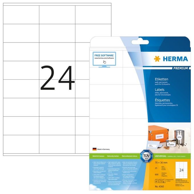 Herma Premium Etichette Bianche 70x36mm 25 Fogli A4 600 Pezzi