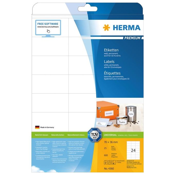 Herma Premium Etichette Bianche 70x36mm 25 Fogli A4 600 Pezzi