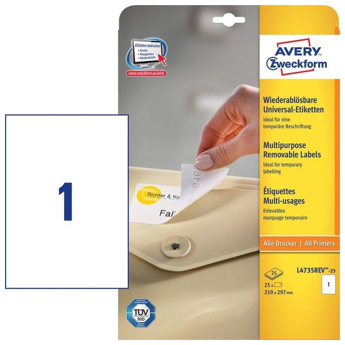 Avery Etichette Rimovibili 1 Pezzo per Foglio 25 Fogli A4 Bianco