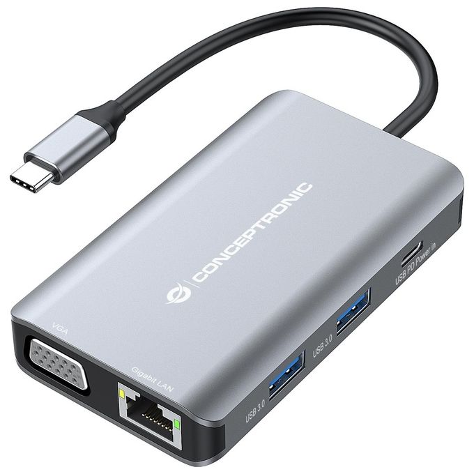 Conceptronic DONN21G Docking Station 7 in 1 USB 3.2 Gen 1 HDMI VGA GbE LAN USB A 3.0 x3 100 W USB PD colore Grigio