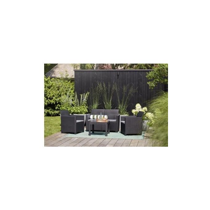 Keter 252642 Marie Lounge Set da Giardino Divano 2 Poltrone Tavolino Rattan con Cuscini colore Grafite