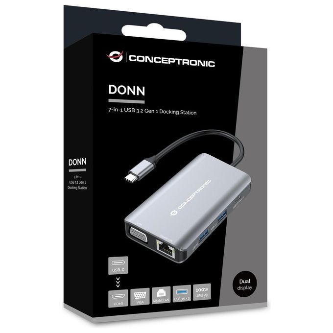 Conceptronic DONN21G Docking Station 7 in 1 USB 3.2 Gen 1 HDMI VGA GbE LAN USB A 3.0 x3 100 W USB PD colore Grigio