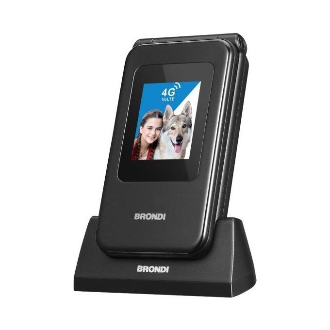 Brondi 10281080 Amico Speciale 4G Telefono Cellulare a Conchiglia Dual SIM 2.8'' Tasto SOS Docking Station colore Nero Metal