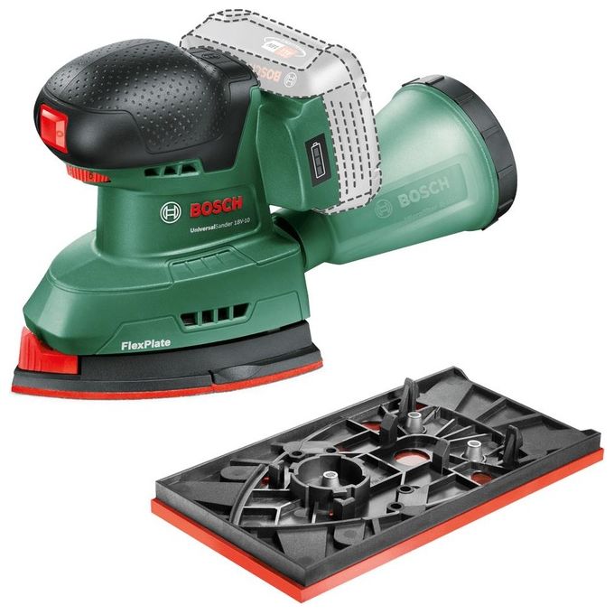 Bosch 06033E3100 UniversalSander Levigatrice orbitale a batteria 18V 12000-22000 oscillazioni-min con piastre triangolare e rettangolare colore Nero Verde
