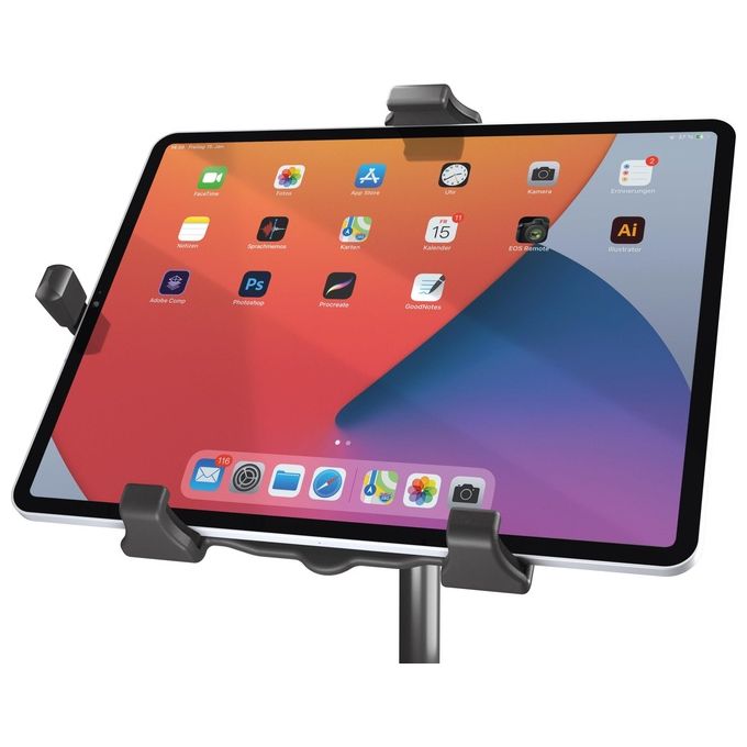 KandM 19744 Supporto per Tablet PC Biobased Plastica Biobased Adatto per Tablet 10'' a 16'' con Custodia fino a 20 mm Filettatura 3-8'' e 5-8'' Inclinazione 0° a 90° Rotazione 360° colore Nero