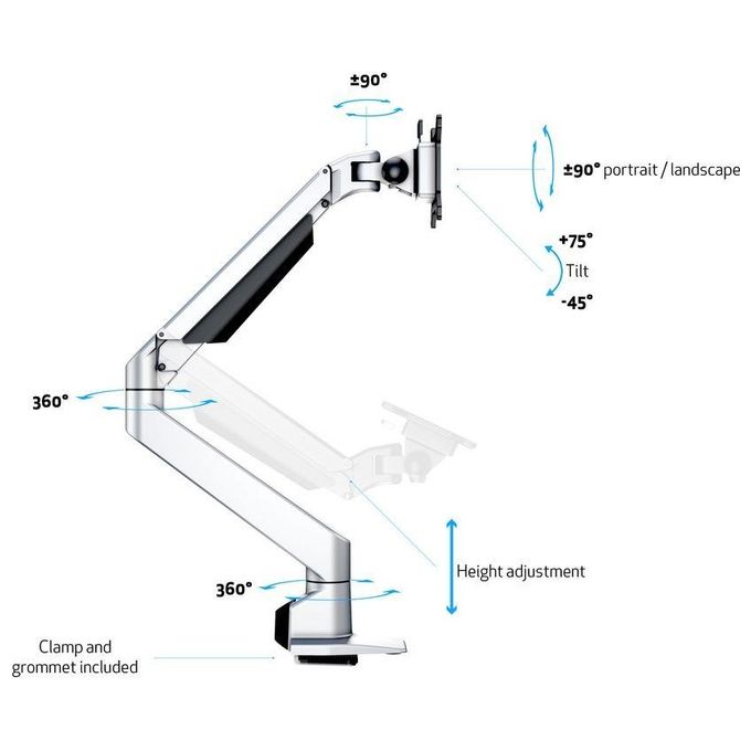 Multibrackets 737167 M VESA Gas Lift Arm Singolo Braccio Monitor fino a 32'' morsetto da tavolo portata 10 Kg VESA 75x75 100x100 colore Argento