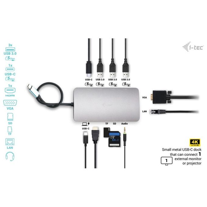 I-tec C31NANODOCKVGAPD Metal Nano Docking Station USB-C HDMI VGA LAN Gigabit Power Delivery 100W colore Argento