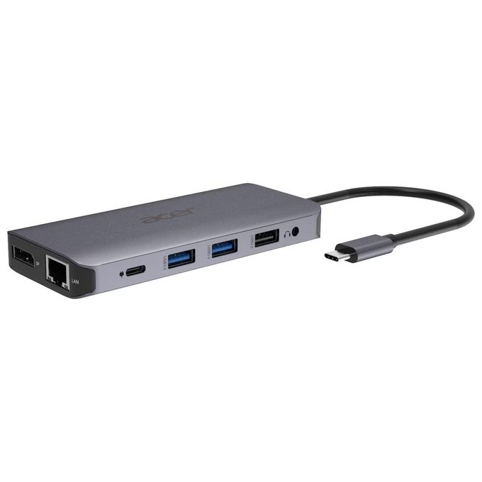 Acer HP.DSCAB.009 12-in-1 Type-C Dongle Multiporta con 2 HDMI 2 USB 3.2 Gen 1 2 USB 2.0 DisplayPort Ethernet Gigabit Lettore SD-MicroSD Uscita Audio 3.5 mm Power Delivery 100 W colore Argento
