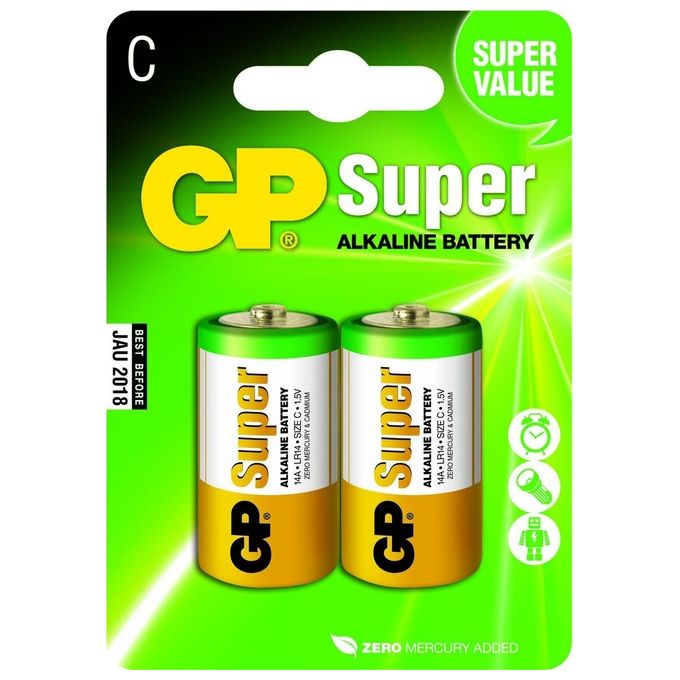 GP 14AU2 Super Alkaline Batterie Mezza Torcia C LR14 1,5V Blister 2 Pezzi