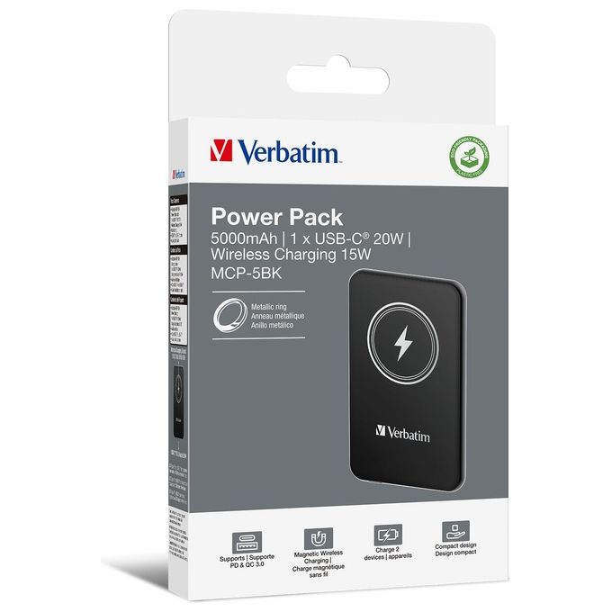 Verbatim 1261530 Charge 'n' Go Power Bank Magnetico Wireless 5000 mAh 15 W Ricarica Bidirezionale USB-C PD 20 W colore Nero