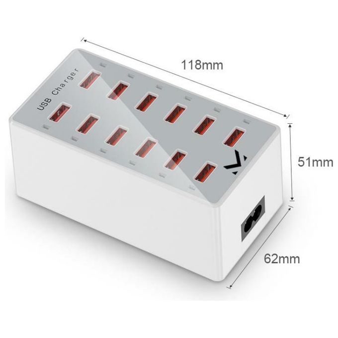 Majestic 770532 WH AUSB 12 Caricatore USB 12 Porte 60W 5V 2.4A cavo 1.5m presa EU colore Bianco
