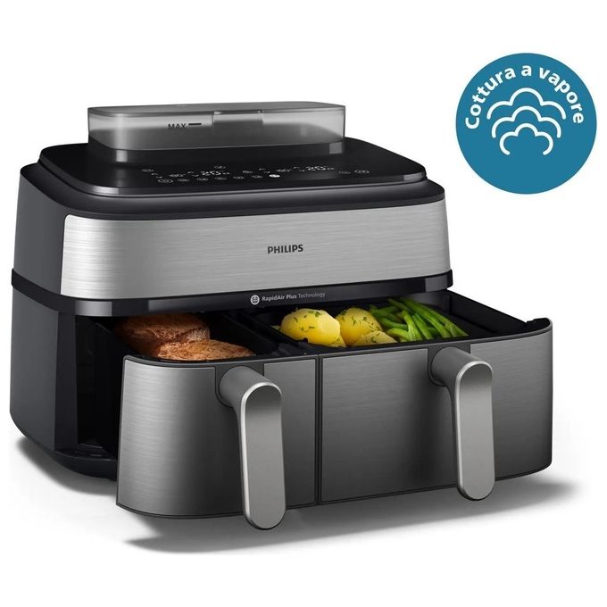 Philips NA555-00 Serie 5000 Friggitrice ad aria 9L 2750W Doppio Cestello 19 Programmi Cottura a Vapore colore Argento