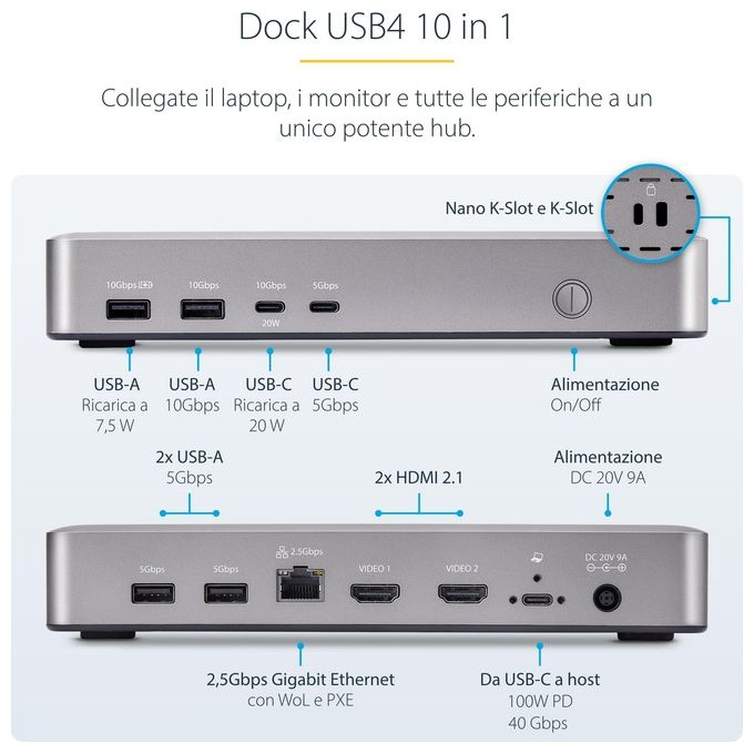StarTech.com 155UE-USB4-DOCK Docking Station USB4 Doppio Monitor HDMI 4K 120Hz 8K 6x USB 2.5GbE 100W PD colore Argento