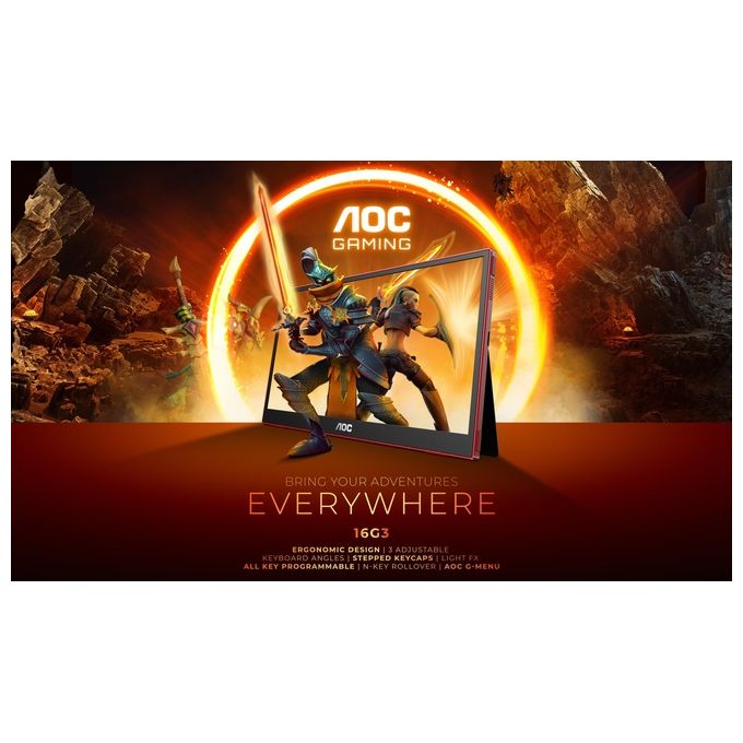 AOC 16G3 Monitor portatile da gaming 15.6'' IPS Full HD 144 Hz FreeSync USB-C HDMI colore Nero Rosso