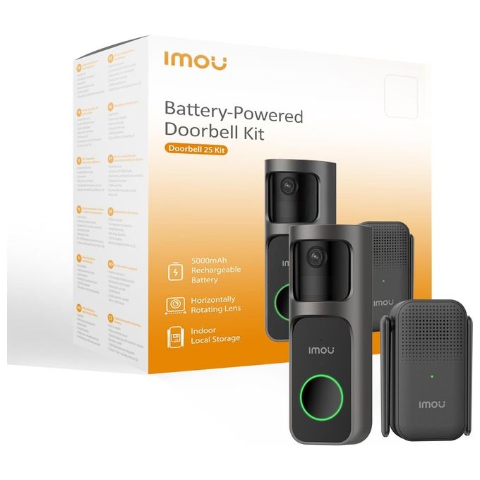 Imou DB-2SP-3T0W-DS2S Doorbell 2S Kit Videocitofono Wi-Fi 2K 3MP Batteria 5000 mAh Visione Notturna IR colore Nero