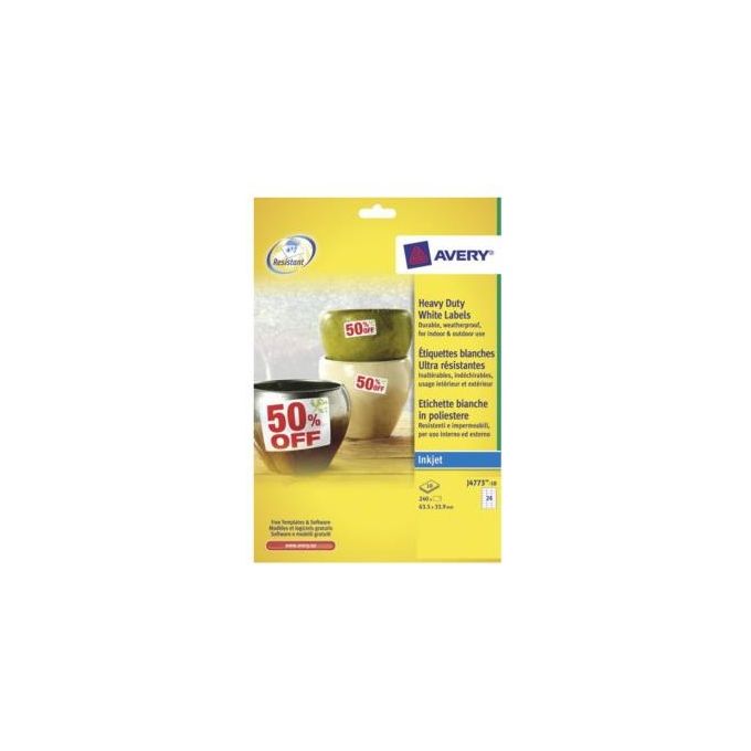 Avery Etichette in Poliestere Bianco 24 Pezzi per Foglio Stampanti Inkjet 10 Fogli 63,5x33,9mm Bianco