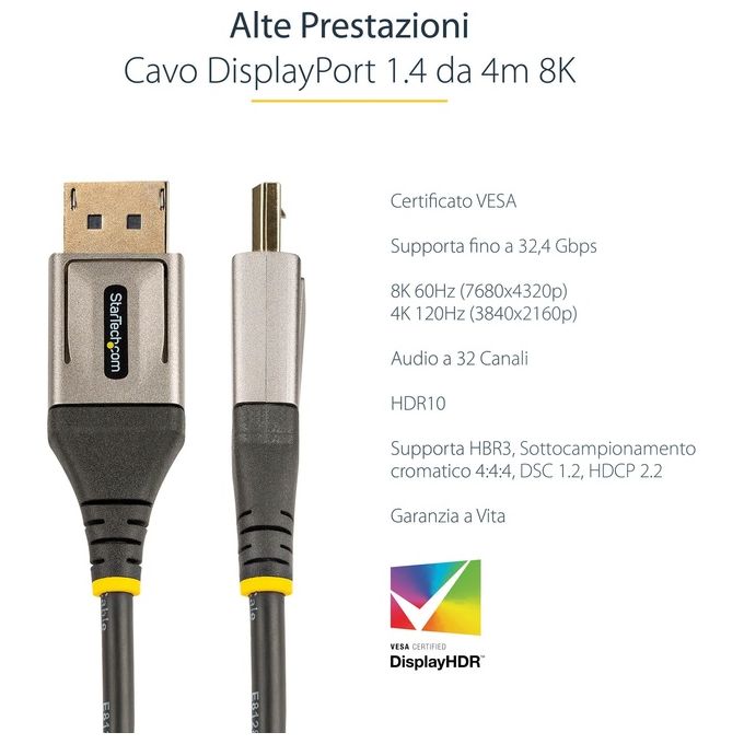 StarTech.com Cavo Cavo DisplayPort 1.4 da 4mt Certificato Vesa 8K Hdr10