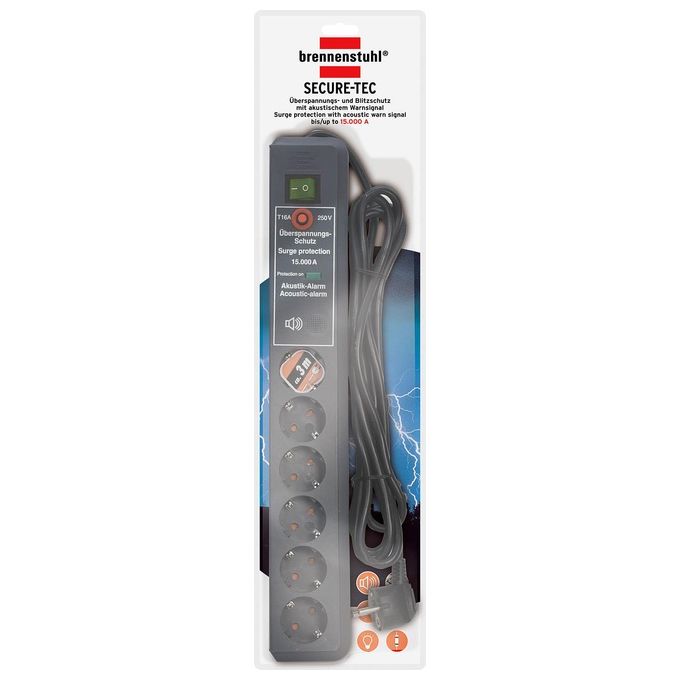 Brennenstuhl 1159540376 Secure-Tec Presa Multipla con Protezione da Sovratensione 6 Prese 3 m Cavo H05VV-F 3G1,5 colore Antracite