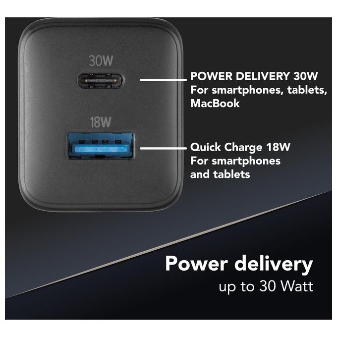 Cellularline ACHUSBGAN2PD30WK Multipower Micro Caricabatterie da Rete 2 Porte USB-C GaN 30W Super Fast Charging colore Nero