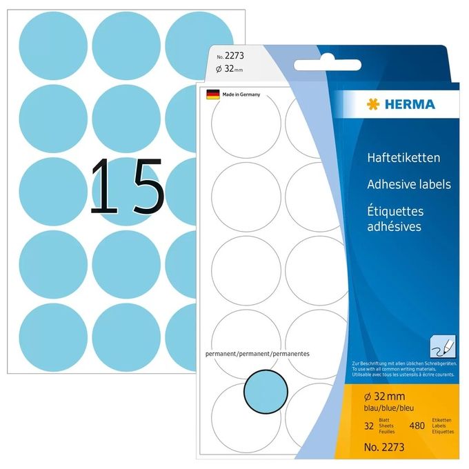 Herma Etichette Multiuso Blu Rotonde 32mm 32 Fogli 480 Pezzi