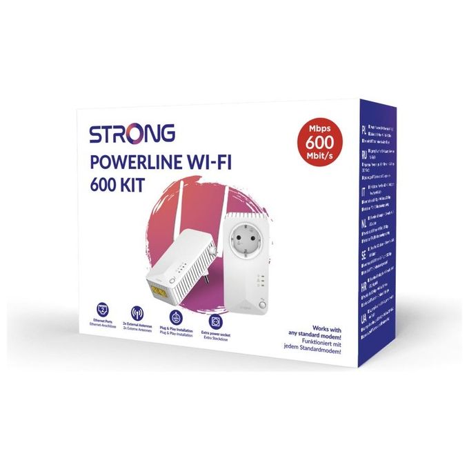 Strong POWERLWF600DUOEUV2 Kit Powerline Wi-Fi 600 Mbps HomePlug AV2 Pass-Through Wi-Fi 300 Mbps LAN 100 Mbps Plug and Play colore Bianco