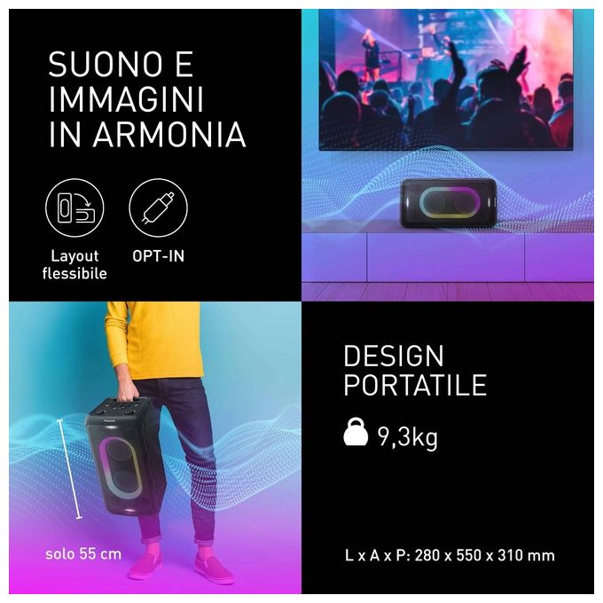 Panasonic SC-BMAX10E-K Altoparlante Portatile Bluetooth 150W 4 Altoparlanti Batteria 15h Radio FM Display LCD Luci LED colore Nero