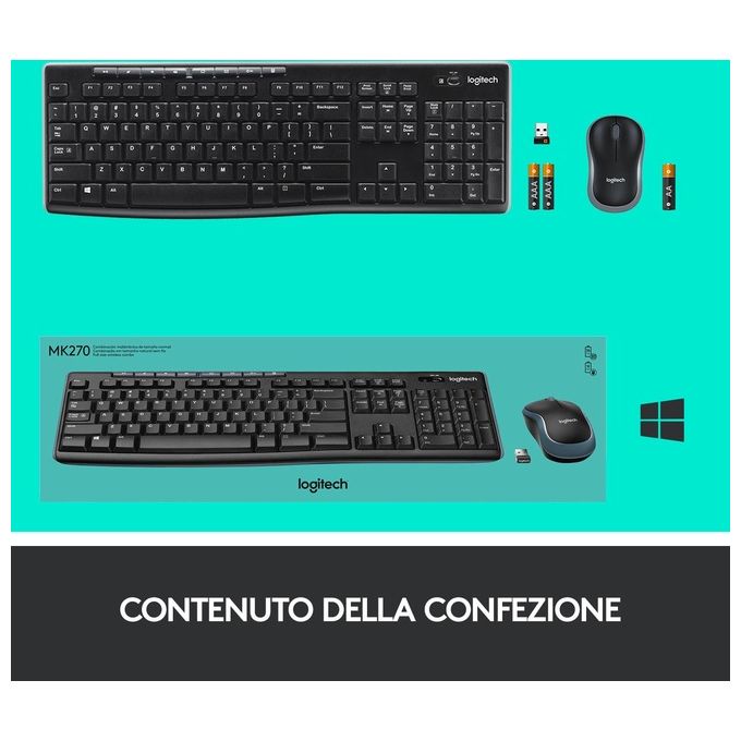 Logitech MK270 Combo Tastiera e Mouse Wireless per Windows 24 GHz Wireless Mouse Compatto 8 Tasti Multimediali e di Scelta Rapida Durata della Batteria 2 anni PC Laptop Italiano QWERTY - Nero