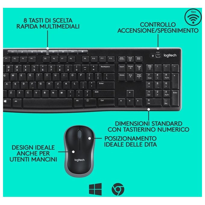 Logitech MK270 Combo Tastiera e Mouse Wireless per Windows 24 GHz Wireless Mouse Compatto 8 Tasti Multimediali e di Scelta Rapida Durata della Batteria 2 anni PC Laptop Italiano QWERTY - Nero