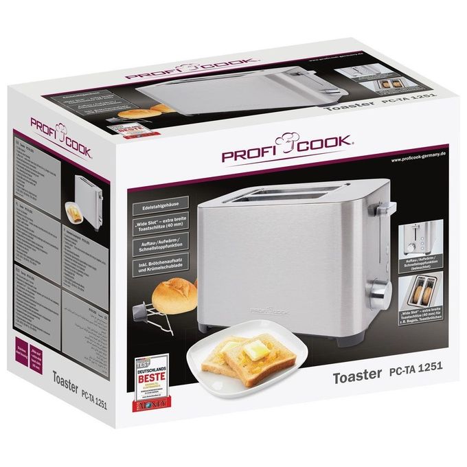 ProfiCook PC-TA 1251 Tostapane 2 Fette 750 W Fessure Extra Large Scongelamento Riscaldamento colore Acciaio Inox