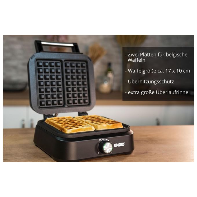 Unold 48275 Piastra per Waffle 2 Waffle 1500 W Rivestimento Antiaderente Termostato Regolabile colore Nero