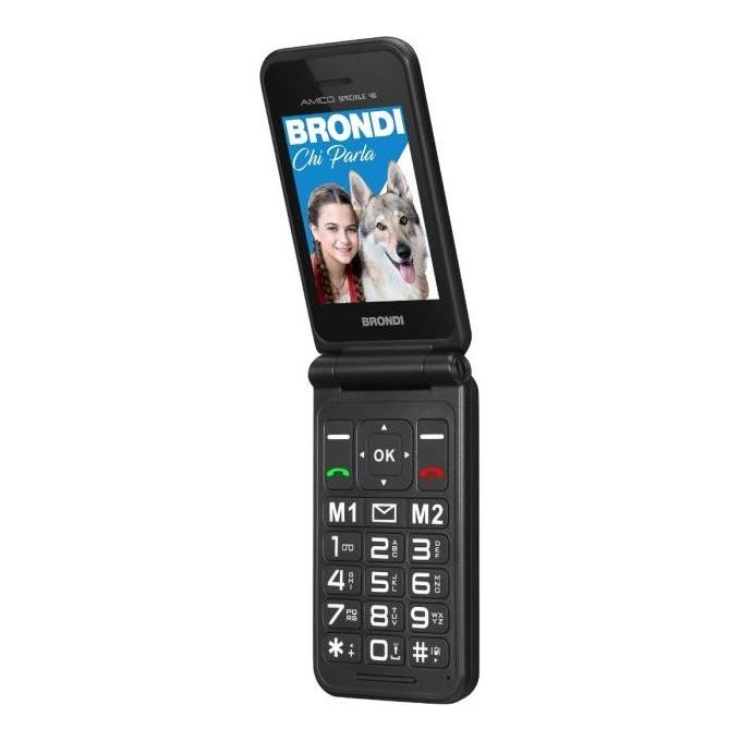 Brondi 10281080 Amico Speciale 4G Telefono Cellulare a Conchiglia Dual SIM 2.8'' Tasto SOS Docking Station colore Nero Metal