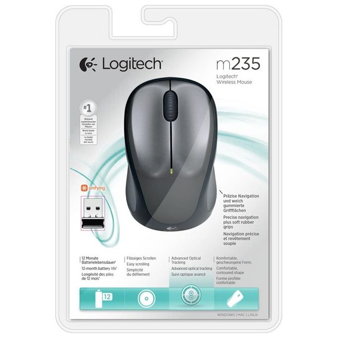Logitech M235 Mouse Wireless, 2,4 GHz con Ricevitore USB Unifying, Tracciamento Ottico 1000 DPI, Durata Batteria di 12 Mesi, Compatibile con PC, Mac, Laptop, Chromebook - Grigio