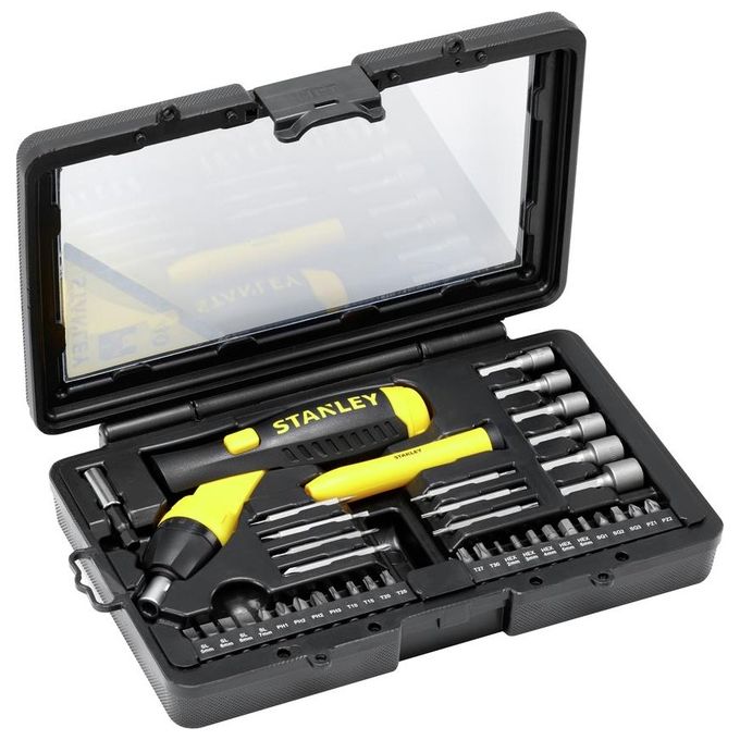 STANLEY 0-63-038 Cacciavite a Cricchetto con Inserti 40 pz Impugnatura a Pistola Bloccaggio 3 Posizioni 45° 90° 180° Attacco 1-4'' colore Giallo Nero