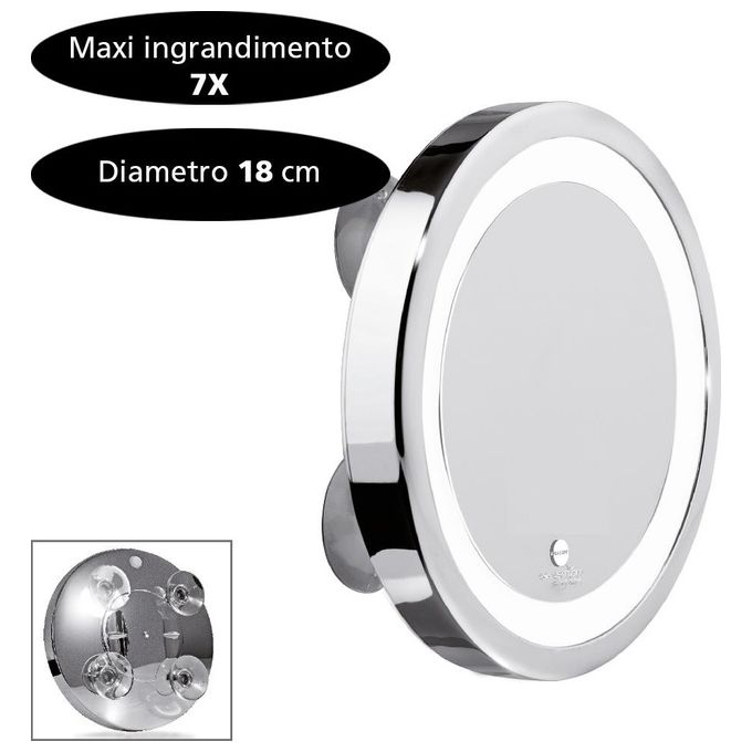 Macom Sensation 211 Solar Specchio Ingranditore Cosmetico per Trucco, Ingrandente 7x con Luce Led e Ventose