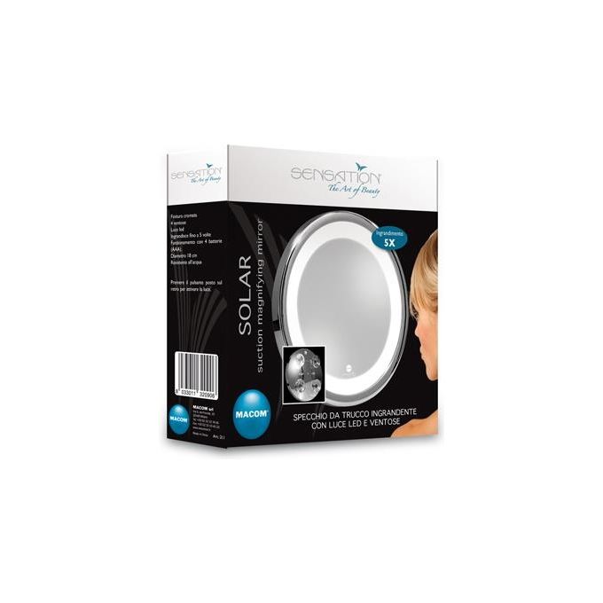 Macom Sensation 211 Solar Specchio Ingranditore Cosmetico per Trucco, Ingrandente 7x con Luce Led e Ventose
