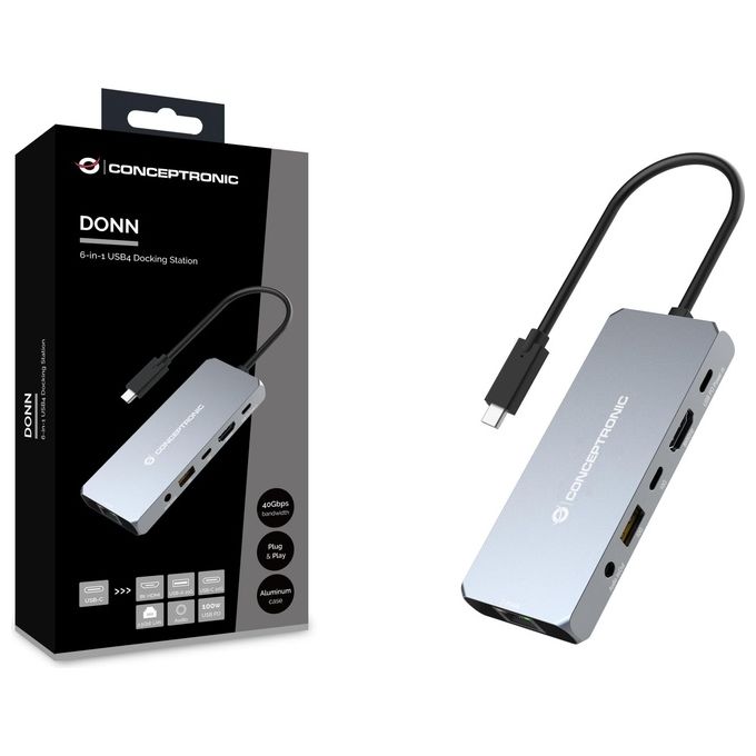 Conceptronic DONN22G Docking Station 6 in 1 USB4 40 Gbps HDMI 2.1 8K 60Hz Ethernet 2.5GbE USB PD 100W colore Grigio