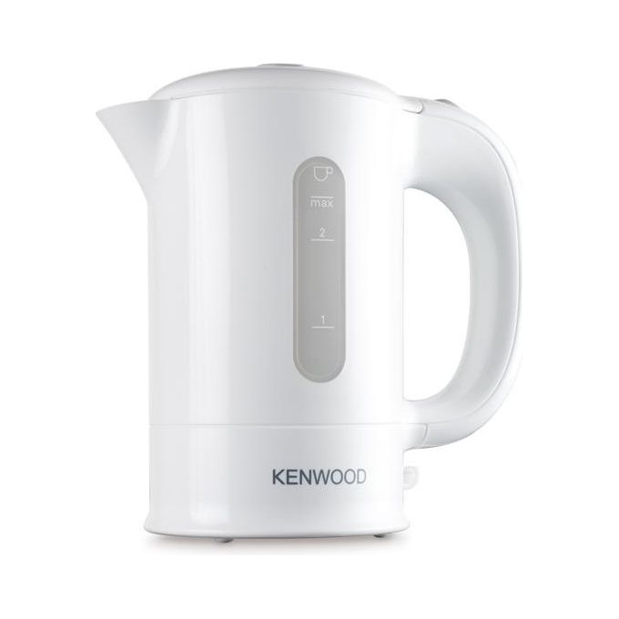 Kenwood JKP250 - Bollitore elettrico da viaggio 0,5 L, 650 W, Doppia tensione 120-220V, Filtro removibile, Include 2 tazze e 2 cucchiaini, Bianco