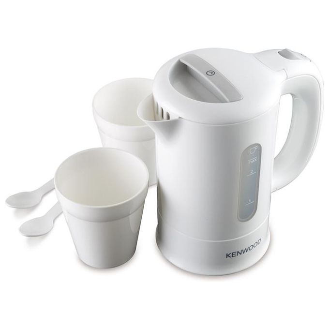 Kenwood JKP250 - Bollitore elettrico da viaggio 0,5 L, 650 W, Doppia tensione 120-220V, Filtro removibile, Include 2 tazze e 2 cucchiaini, Bianco