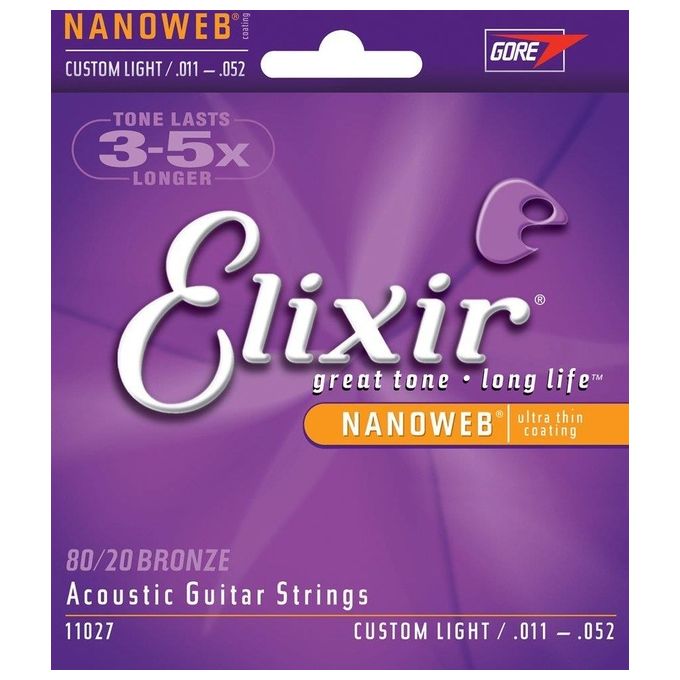 Elixir 11027 Nanoweb Muta Corde per Chitarra Acustica Bronzo 80-20 Custom Light 011-052