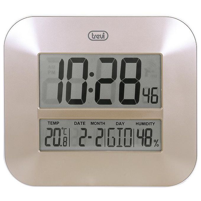 Trevi OM 3520 D Orologio Digitale con Grande Display LCD da Muro Termometro Calendario Multilingue Installazione a Parete o Tavolo Oro