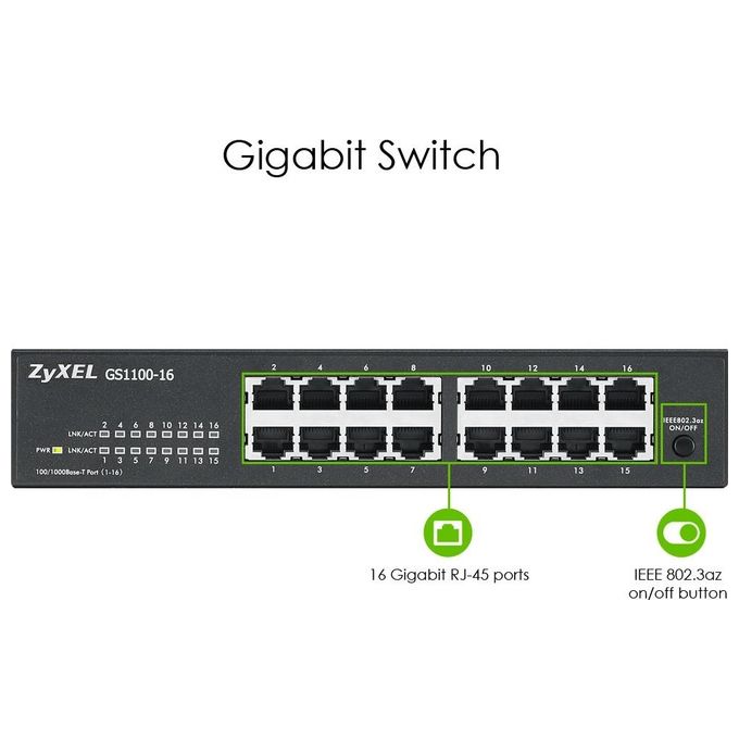 Zyxel GS1100-16 Switch Non Gestito 16 Porte Gigabit Ethernet 10-100-1000 32 Gbit-s Fanless Desktop Rack