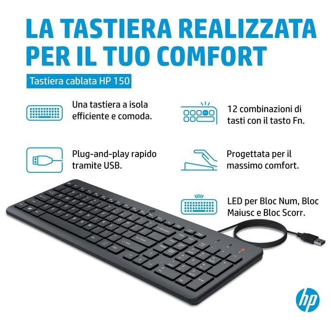 HP 664R5AA Tastiera Cablata 150 Full-size Layout Italiano USB-A 12 Tasti Funzione Plug and Play colore Nero
