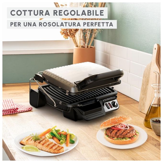 Moulinex GI306010 UltraCompact Comfort Griglia Elettrica Multifunzione con Termostato Regolabile 2000W Piastra Antiaderente Lavabile in Lavastoviglie Design Salvaspazio colore Acciaio Inox