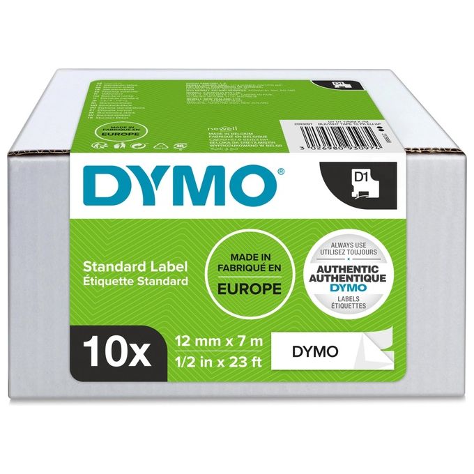 Dymo D1 Nastro 12mmx7mt Nero su Bianco 10 Pezzi