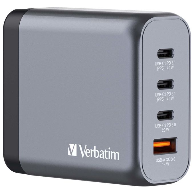 Verbatim 32203 GNC-140 Caricatore Universale Interno 140 W con 3 Porte USB-C GaN Tecnologia Ricarica Rapida PD 3.1 PPS Quick Charge 3.0 colore Nero Grigio
