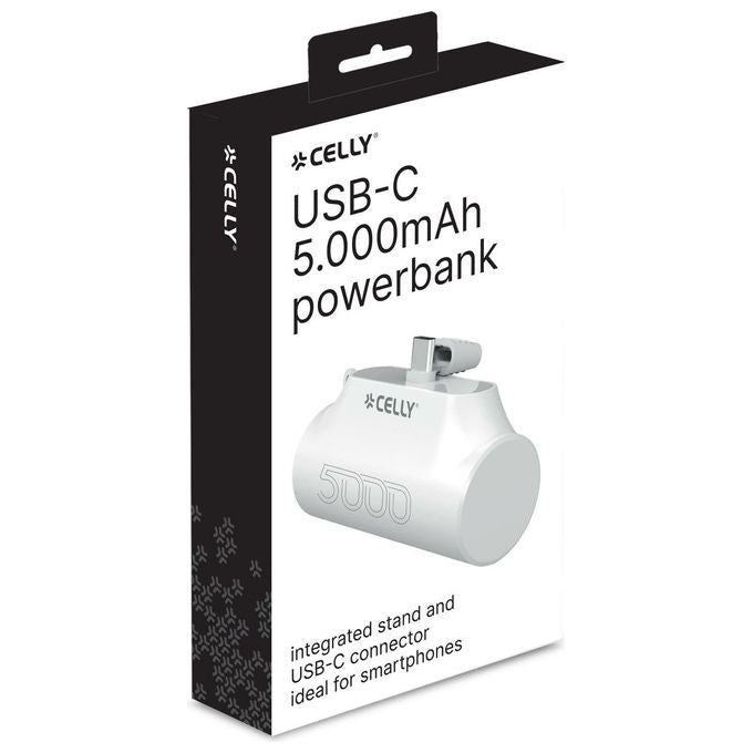 Celly PBC5000WH PowerBank Compatto USB-C 5000 mAh Ricarica Rapida Stand Integrato colore Bianco